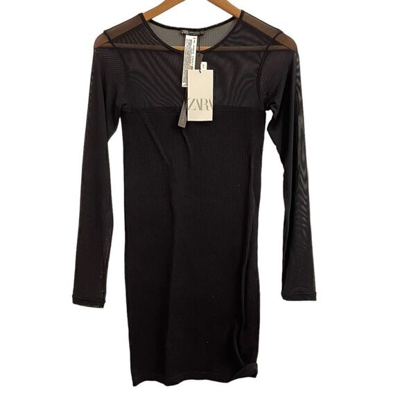 Zara NWT Nlack Ribbed Bodycon Ling Sleeve Mesh Top Mini Stretch Dress Size M/L - Picture 1 of 7